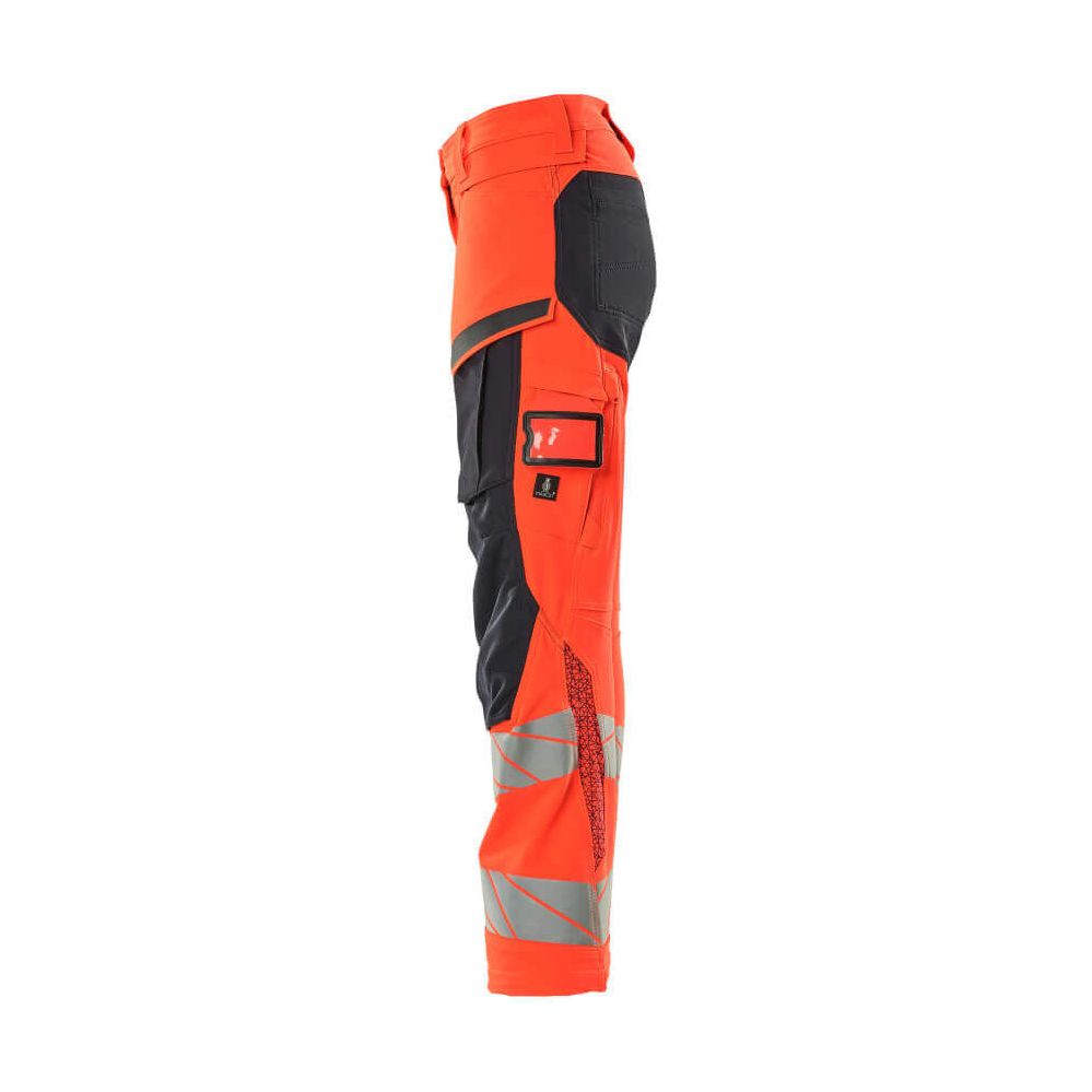 Mascot Hi-Vis Trousers Kneepad Stretch Right #colour_hi-vis-red-dark-navy-blue