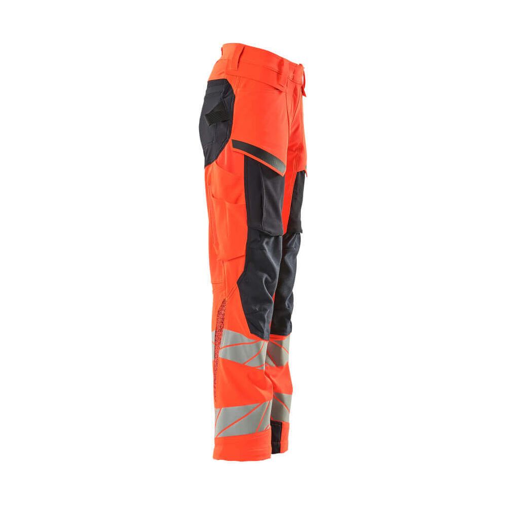 Mascot Hi-Vis Trousers Kneepad Stretch Left #colour_hi-vis-red-dark-navy-blue