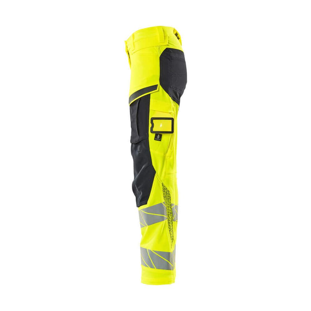 Mascot Hi-Vis Trousers Kneepad Stretch Right #colour_hi-vis-yellow-dark-navy-blue