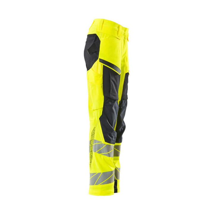 Mascot Hi-Vis Trousers Kneepad Stretch Left #colour_hi-vis-yellow-dark-navy-blue