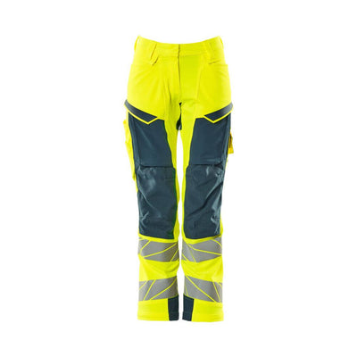 Mascot Hi-Vis Trousers Kneepad Stretch Front #colour_hi-vis-yellow-dark-petroleum
