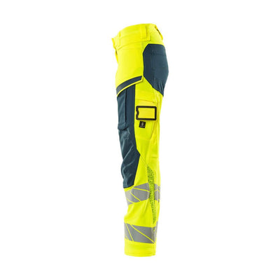 Mascot Hi-Vis Trousers Kneepad Stretch Right #colour_hi-vis-yellow-dark-petroleum