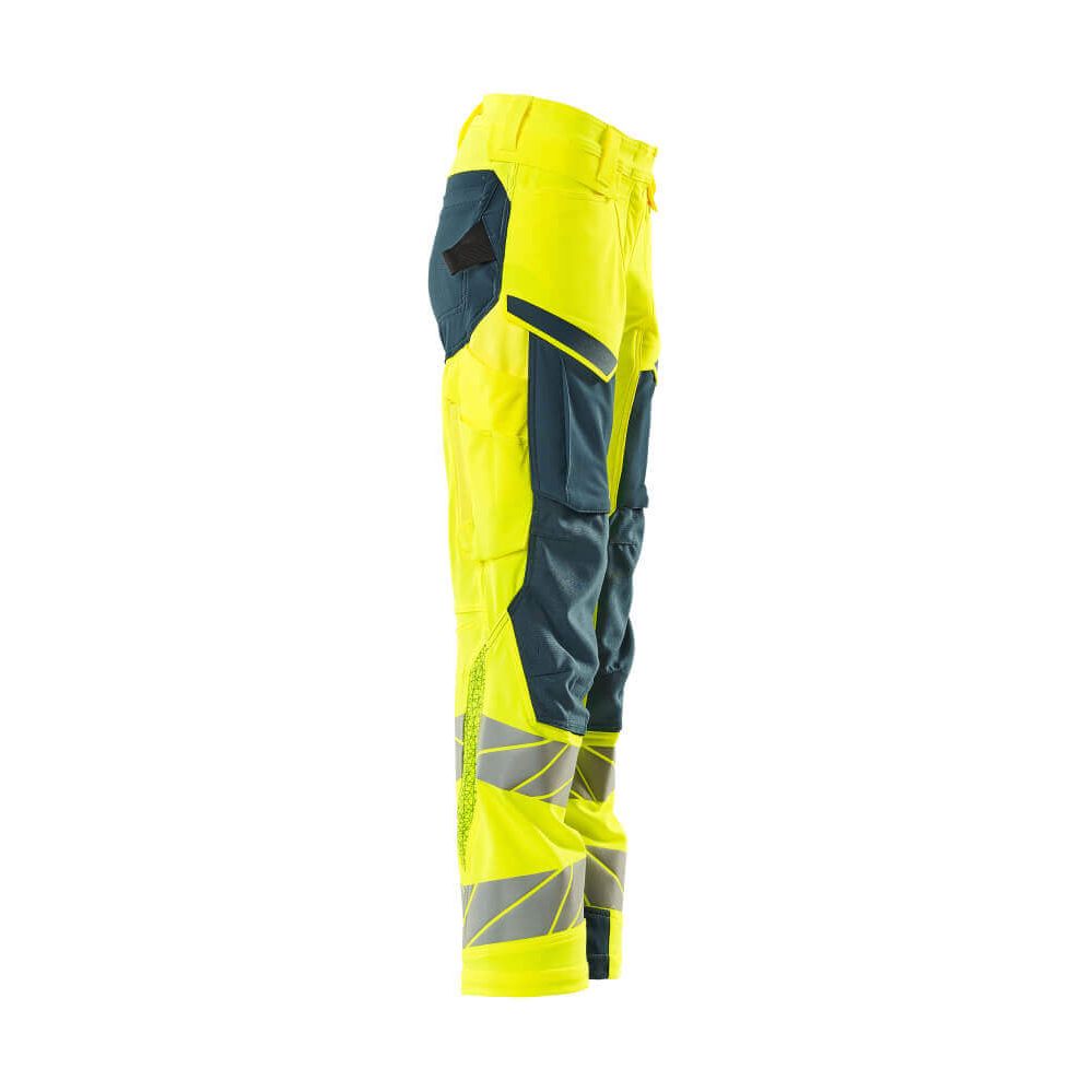 Mascot Hi-Vis Trousers Kneepad Stretch Left #colour_hi-vis-yellow-dark-petroleum