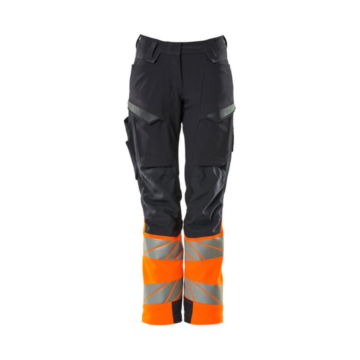 Mascot Hi-Vis Trousers Kneepad Stretch Front #colour_dark-navy-blue-hi-vis-orange