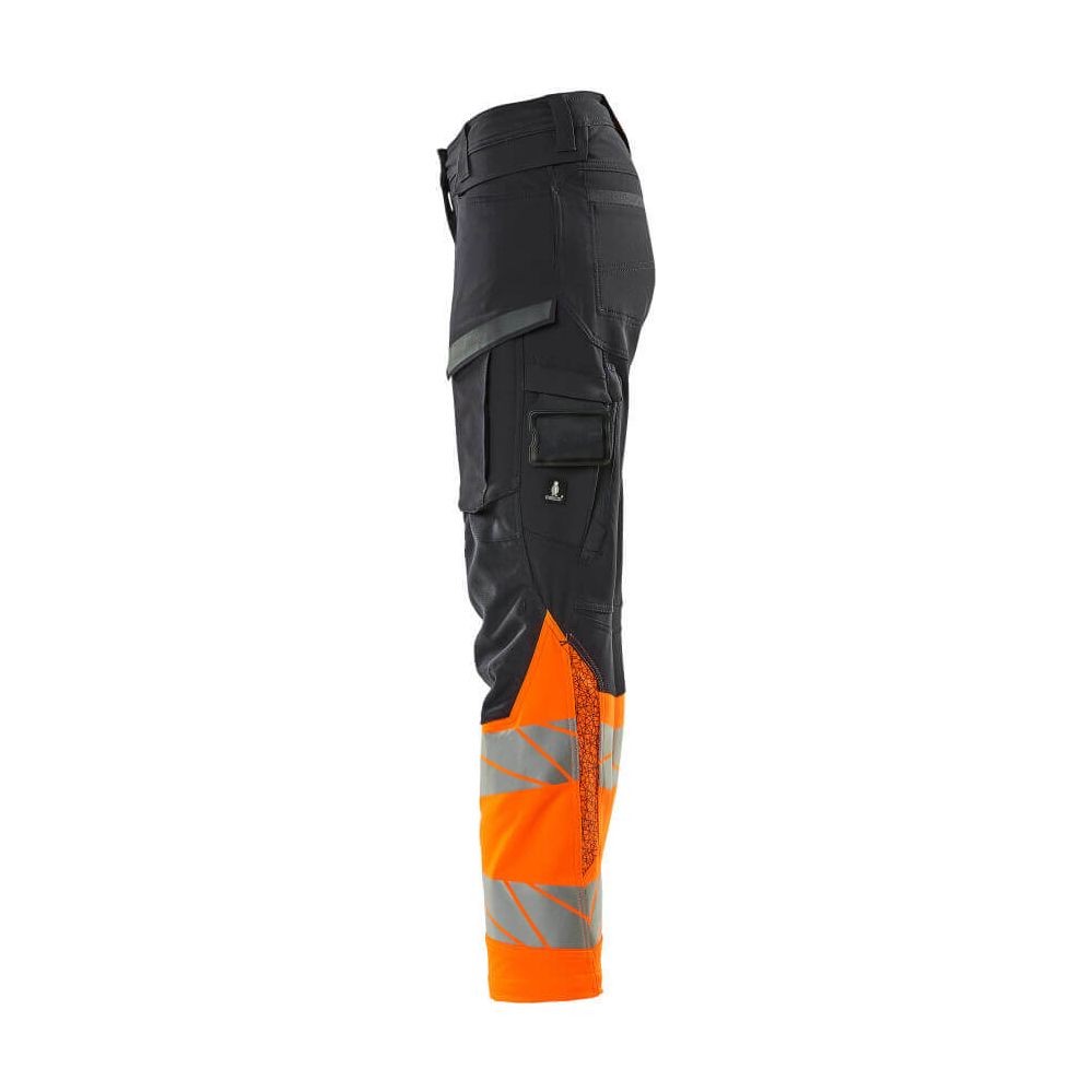 Mascot Hi-Vis Trousers Kneepad Stretch Right #colour_dark-navy-blue-hi-vis-orange