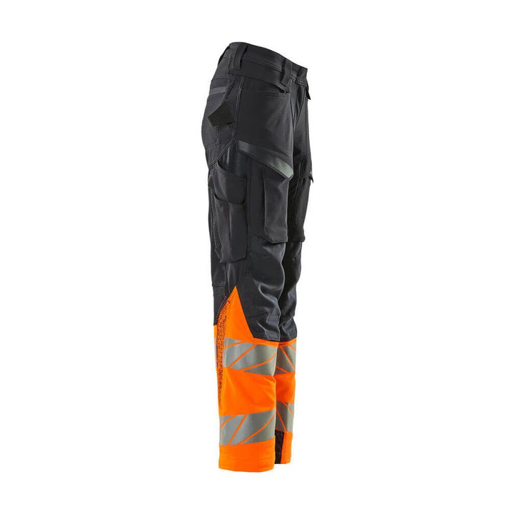 Mascot Hi-Vis Trousers Kneepad Stretch Left #colour_dark-navy-blue-hi-vis-orange