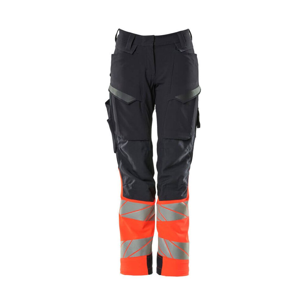 Mascot Hi-Vis Trousers Kneepad Stretch Front #colour_dark-navy-blue-hi-vis-red