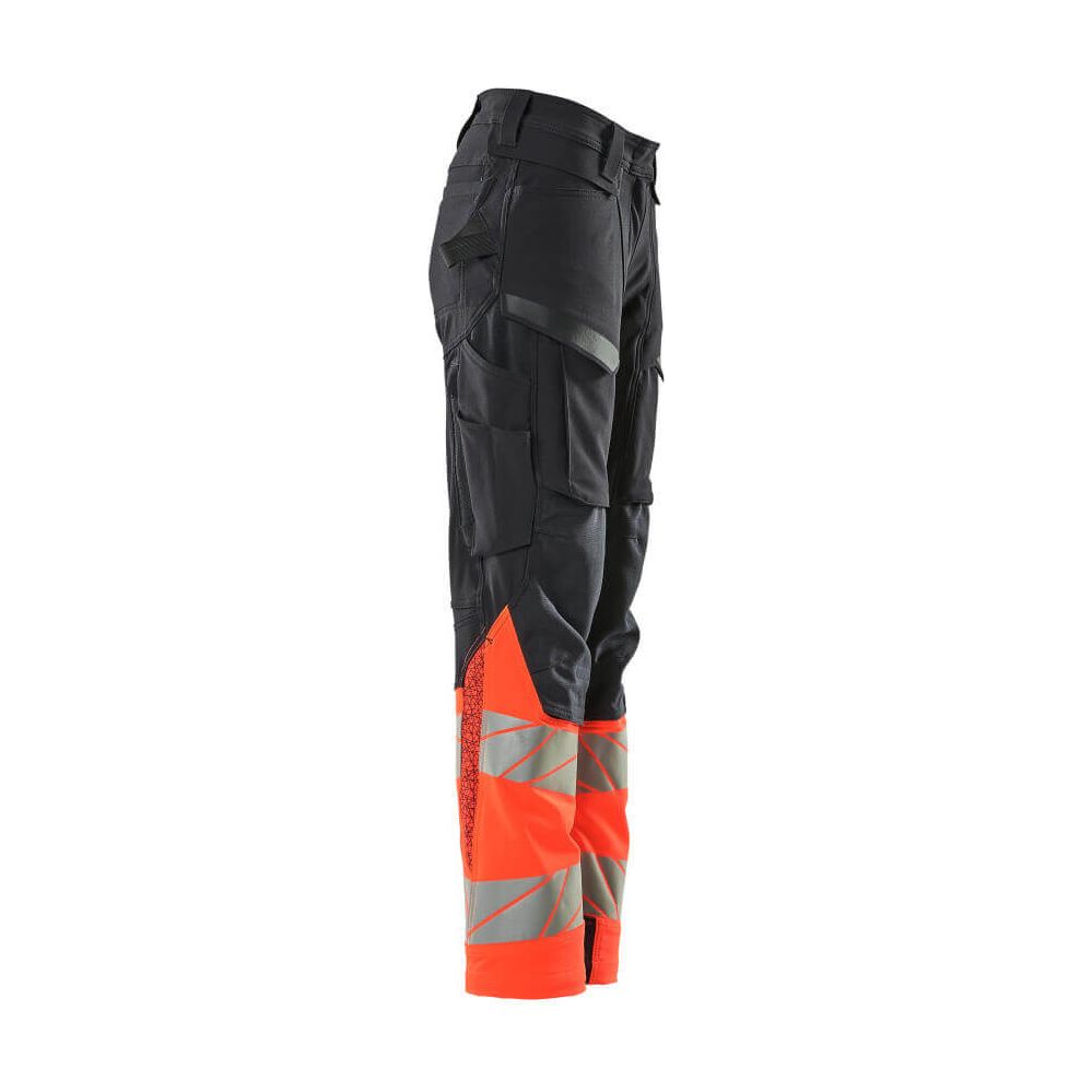 Mascot Hi-Vis Trousers Kneepad Stretch Left #colour_dark-navy-blue-hi-vis-red