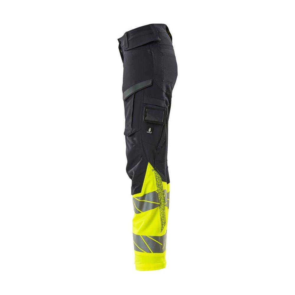 Mascot Hi-Vis Trousers Kneepad Stretch Right #colour_dark-navy-blue-hi-vis-yellow