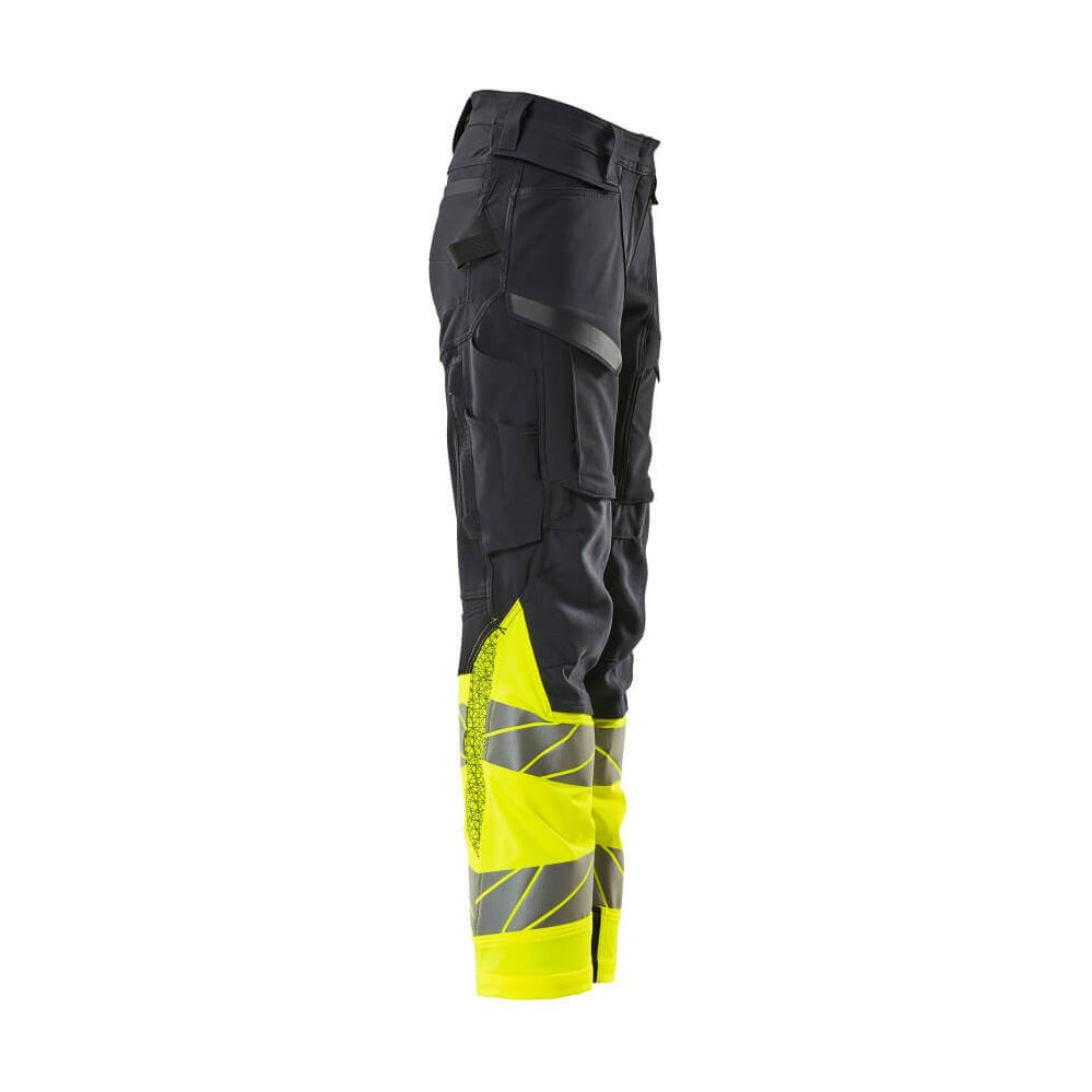 Mascot Hi-Vis Trousers Kneepad Stretch Left #colour_dark-navy-blue-hi-vis-yellow