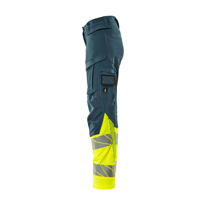 Mascot Hi-Vis Trousers Kneepad Stretch Right #colour_dark-petroleum-hi-vis-yellow