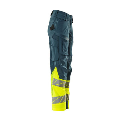 Mascot Hi-Vis Trousers Kneepad Stretch Left #colour_dark-petroleum-hi-vis-yellow