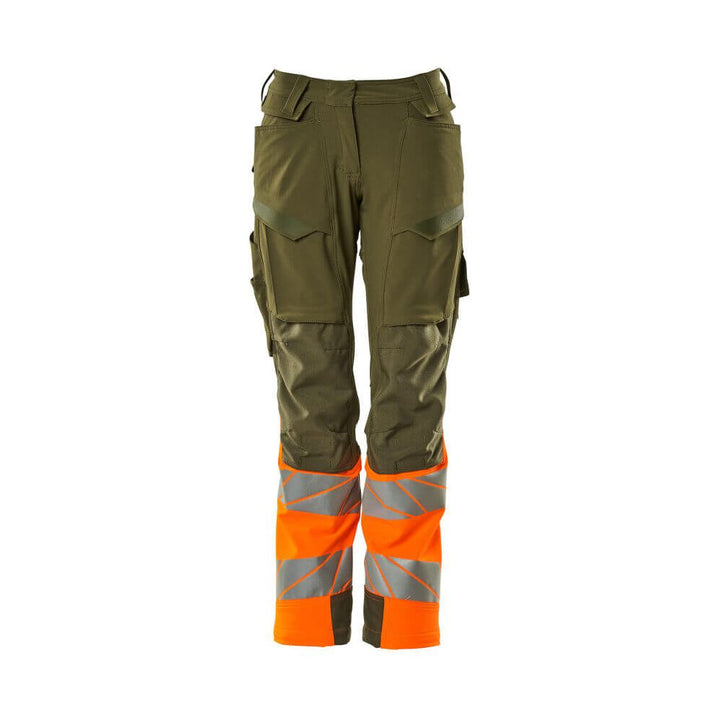 Mascot Hi-Vis Trousers Kneepad Stretch Front #colour_moss-green-hi-vis-orange