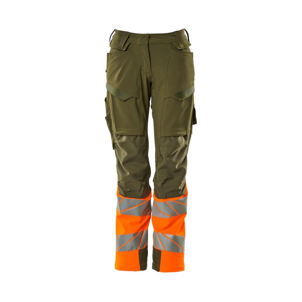 Mascot Hi-Vis Trousers Kneepad Stretch Front #colour_moss-green-hi-vis-orange