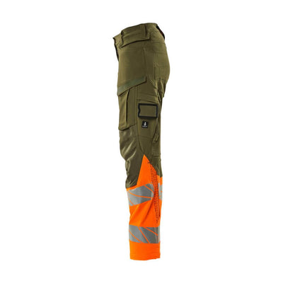 Mascot Hi-Vis Trousers Kneepad Stretch Right #colour_moss-green-hi-vis-orange