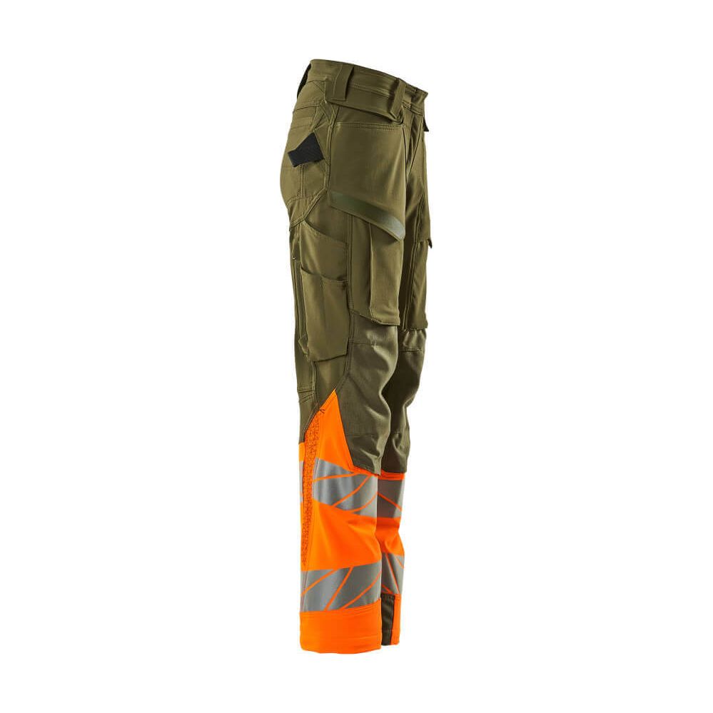 Mascot Hi-Vis Trousers Kneepad Stretch Left #colour_moss-green-hi-vis-orange