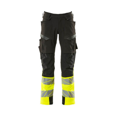 Mascot Hi-Vis Trousers Kneepad Stretch Front #colour_black-hi-vis-yellow