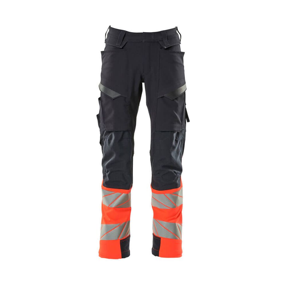 Mascot Hi-Vis Trousers Kneepad Stretch Front #colour_dark-navy-blue-hi-vis-red