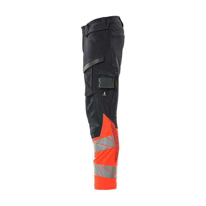 Mascot Hi-Vis Trousers Kneepad Stretch Right #colour_dark-navy-blue-hi-vis-red