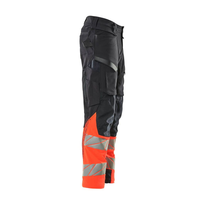 Mascot Hi-Vis Trousers Kneepad Stretch Left #colour_dark-navy-blue-hi-vis-red