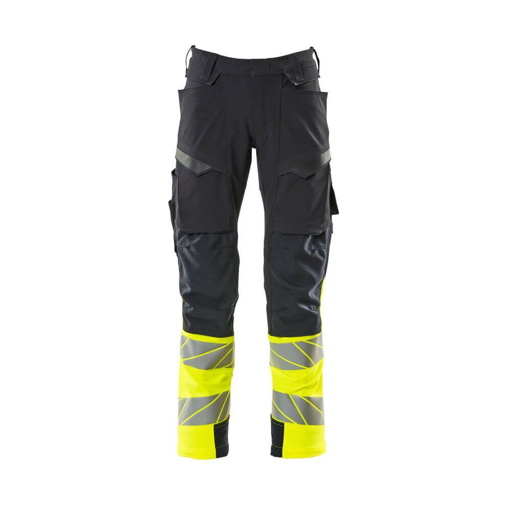 Mascot Hi-Vis Trousers Kneepad Stretch Front #colour_dark-navy-blue-hi-vis-yellow