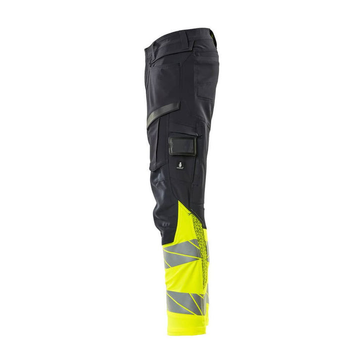 Mascot Hi-Vis Trousers Kneepad Stretch Right #colour_dark-navy-blue-hi-vis-yellow