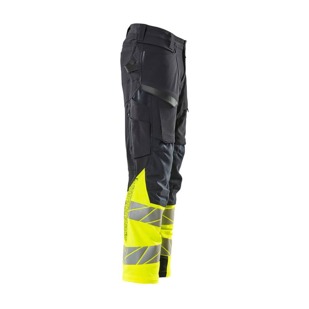 Mascot Hi-Vis Trousers Kneepad Stretch Left #colour_dark-navy-blue-hi-vis-yellow