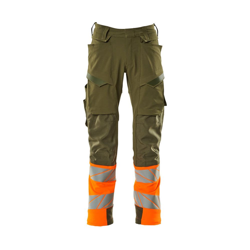 Mascot Hi-Vis Trousers Kneepad Stretch Front #colour_moss-green-hi-vis-orange