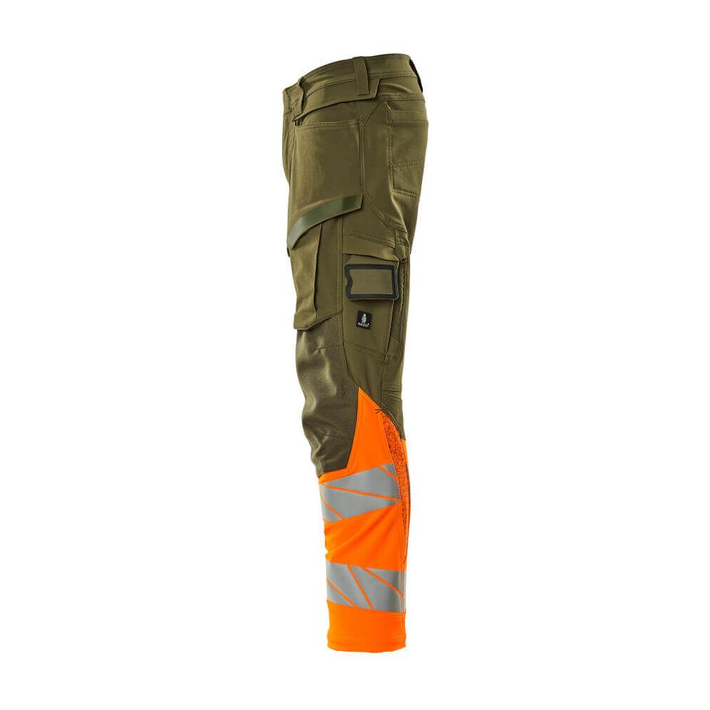 Mascot Hi-Vis Trousers Kneepad Stretch Right #colour_moss-green-hi-vis-orange