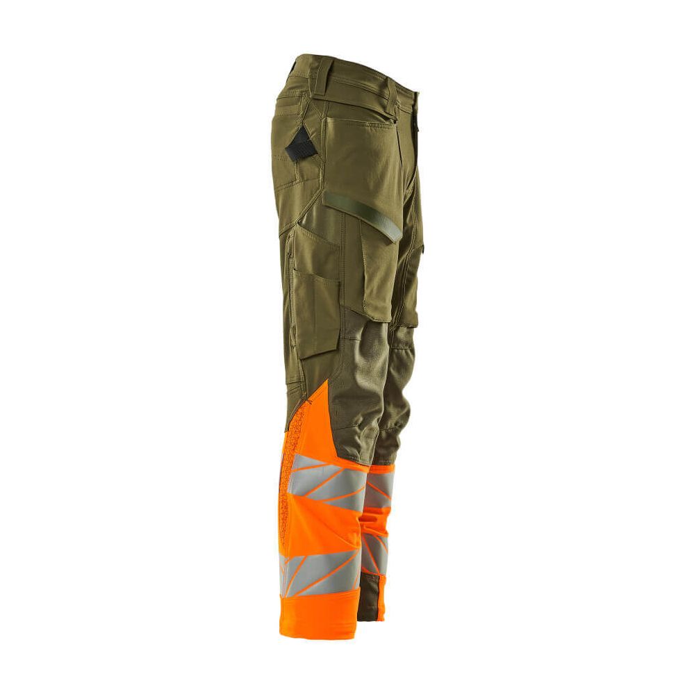 Mascot Hi-Vis Trousers Kneepad Stretch Left #colour_moss-green-hi-vis-orange