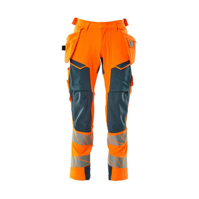 Mascot Hi-Vis Trousers with Stretch & Holster Pockets 19031-711 Front #colour_hi-vis-orange-dark-petroleum