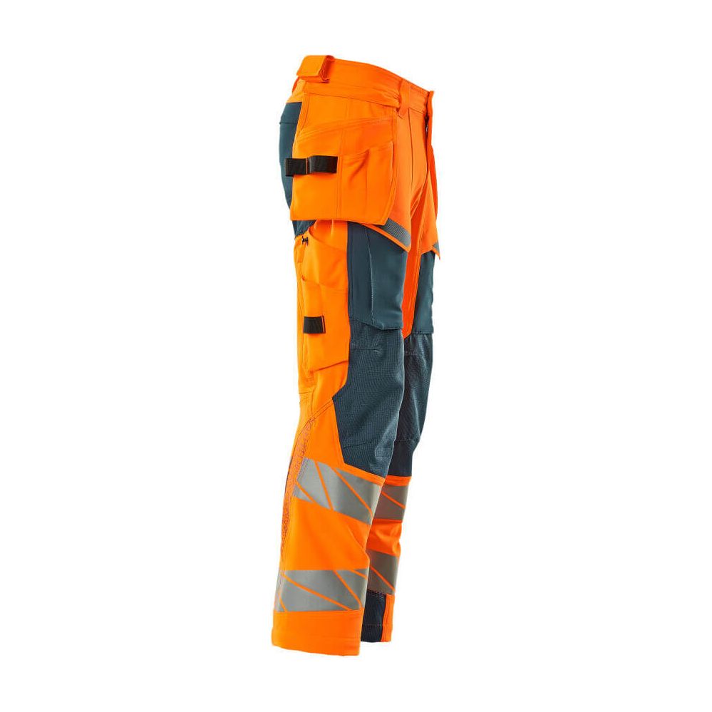 Mascot Hi-Vis Trousers with Stretch & Holster Pockets 19031-711 Left #colour_hi-vis-orange-dark-petroleum