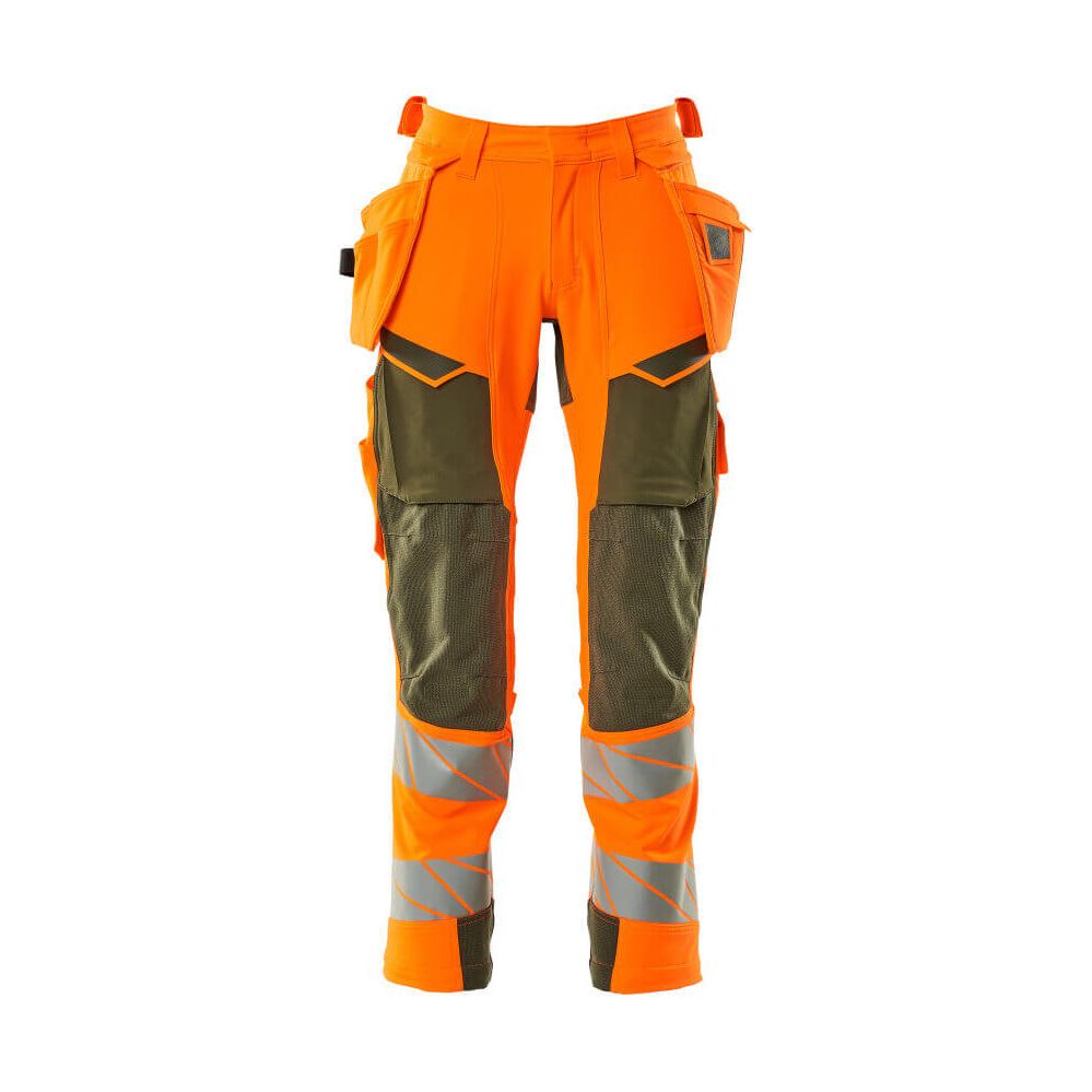 Mascot Hi-Vis Trousers with Stretch & Holster Pockets 19031-711 Front #colour_hi-vis-orange-moss-green