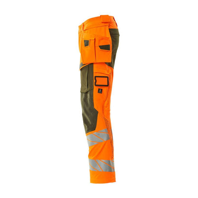 Mascot Hi-Vis Trousers with Stretch & Holster Pockets 19031-711 Right #colour_hi-vis-orange-moss-green