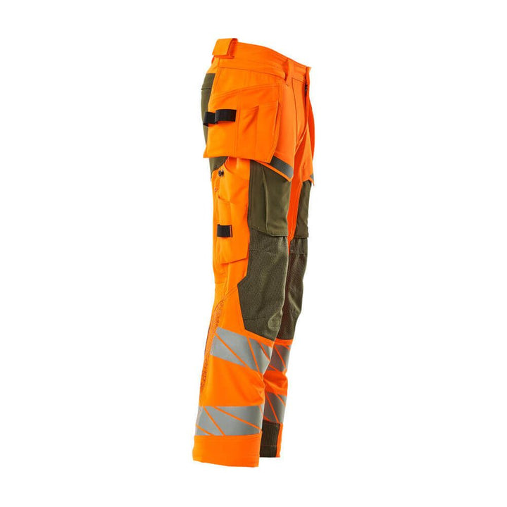 Mascot Hi-Vis Trousers with Stretch & Holster Pockets 19031-711 Left #colour_hi-vis-orange-moss-green