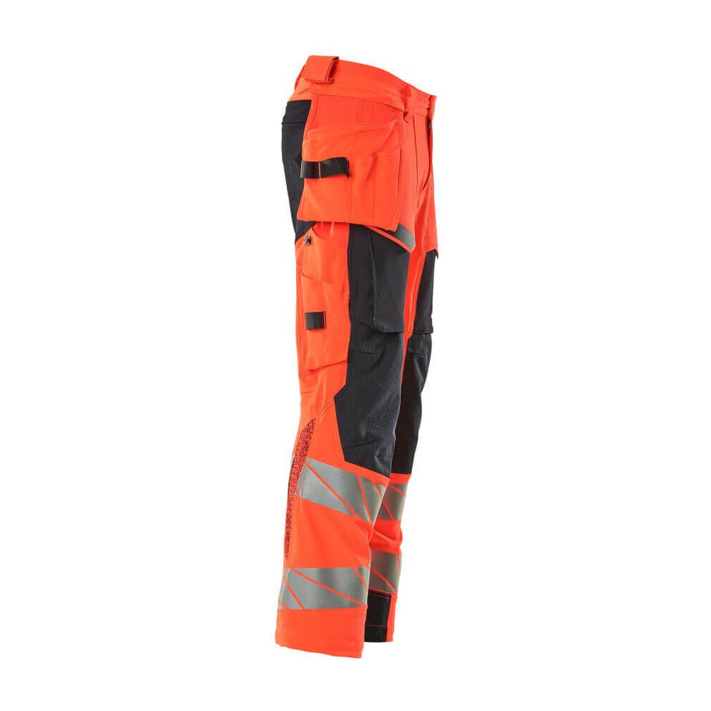 Mascot Hi-Vis Trousers with Stretch & Holster Pockets 19031-711 Left #colour_hi-vis-red-dark-navy-blue