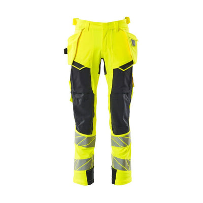 Mascot Hi-Vis Trousers with Stretch & Holster Pockets 19031-711 Front #colour_hi-vis-yellow-dark-navy-blue