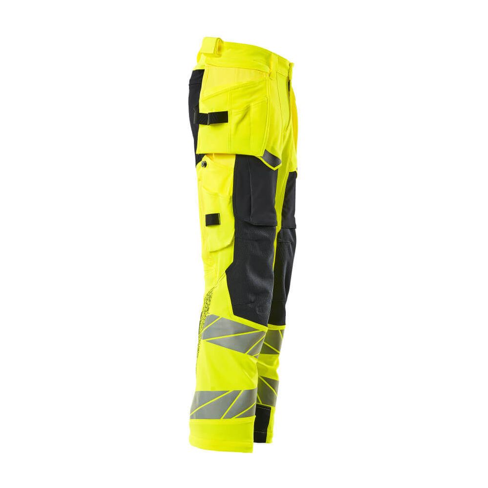 Mascot Hi-Vis Trousers with Stretch & Holster Pockets 19031-711 Left #colour_hi-vis-yellow-dark-navy-blue