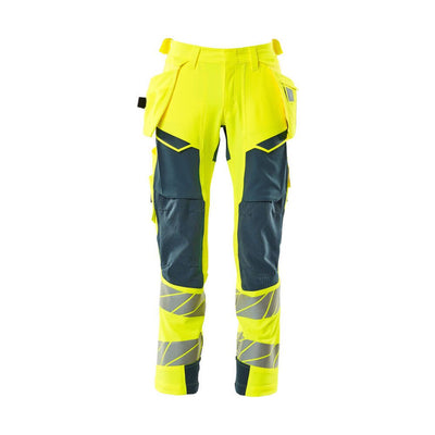 Mascot Hi-Vis Trousers with Stretch & Holster Pockets 19031-711 Front #colour_hi-vis-yellow-dark-petroleum