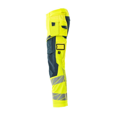 Mascot Hi-Vis Trousers with Stretch & Holster Pockets 19031-711 Right #colour_hi-vis-yellow-dark-petroleum