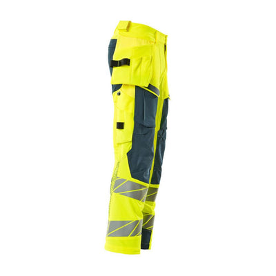 Mascot Hi-Vis Trousers with Stretch & Holster Pockets 19031-711 Left #colour_hi-vis-yellow-dark-petroleum