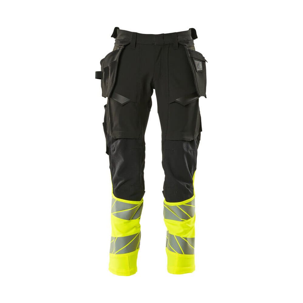 Mascot Hi-Vis Trousers with Stretch & Holster Pockets 19131-711 Front #colour_black-hi-vis-yellow