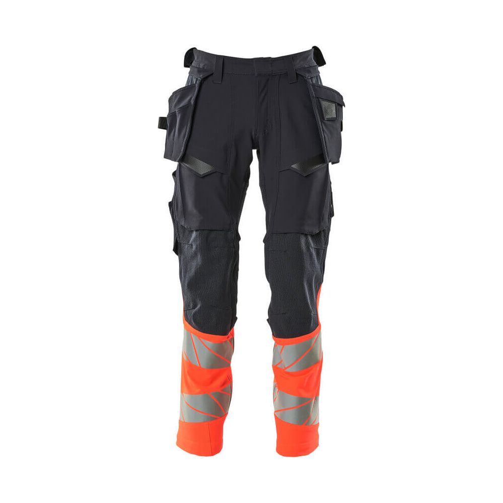 Mascot Hi-Vis Trousers with Stretch & Holster Pockets 19131-711 Front #colour_dark-navy-blue-hi-vis-red