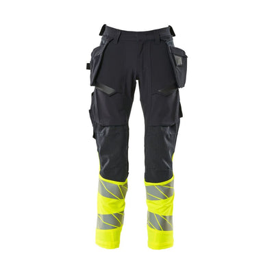 Mascot Hi-Vis Trousers with Stretch & Holster Pockets 19131-711 Front #colour_dark-navy-blue-hi-vis-yellow
