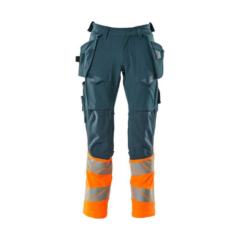 Mascot Hi-Vis Trousers with Stretch & Holster Pockets 19131-711 Front #colour_dark-petroleum-hi-vis-orange