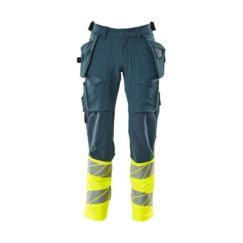 Mascot Hi-Vis Trousers with Stretch & Holster Pockets 19131-711 Front #colour_dark-petroleum-hi-vis-yellow