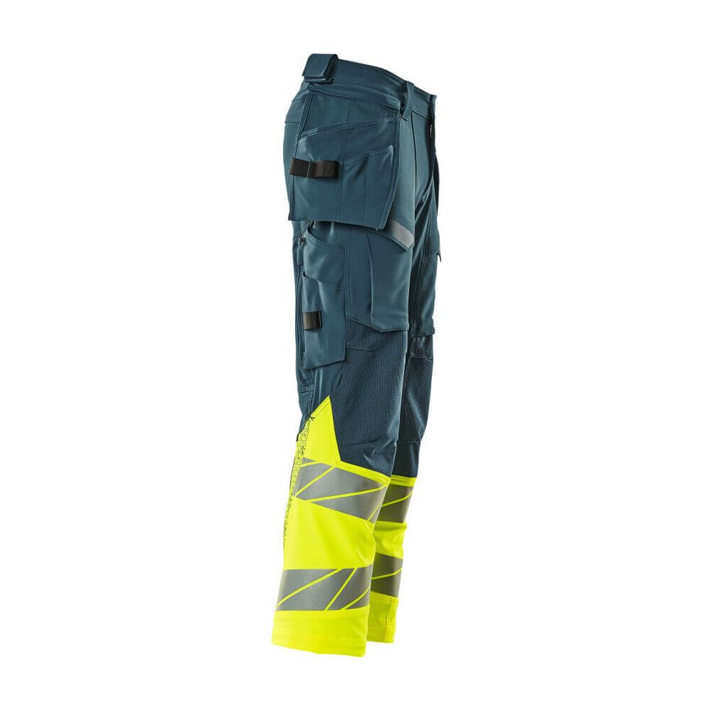 Mascot Hi-Vis Trousers with Stretch & Holster Pockets 19131-711 Left #colour_dark-petroleum-hi-vis-yellow