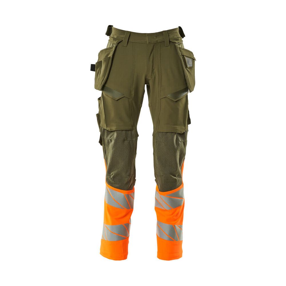 Mascot Hi-Vis Trousers with Stretch & Holster Pockets 19131-711 Front #colour_moss-green-hi-vis-orange