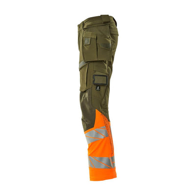 Mascot Hi-Vis Trousers with Stretch & Holster Pockets 19131-711 Right #colour_moss-green-hi-vis-orange