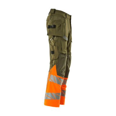 Mascot Hi-Vis Trousers with Stretch & Holster Pockets 19131-711 Left #colour_moss-green-hi-vis-orange